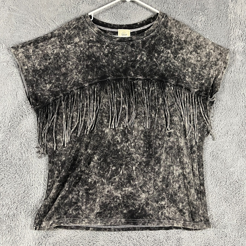 Sterling & Stitch Fringe Top Womens XL Black Acid Wash Short Sleeve Pullover